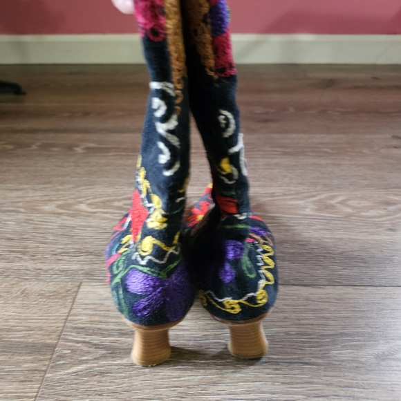 Colorful Rainbow Embroidered Maximalist Funky Gnarly Kitten Heel Boots - Picture 6 of 9